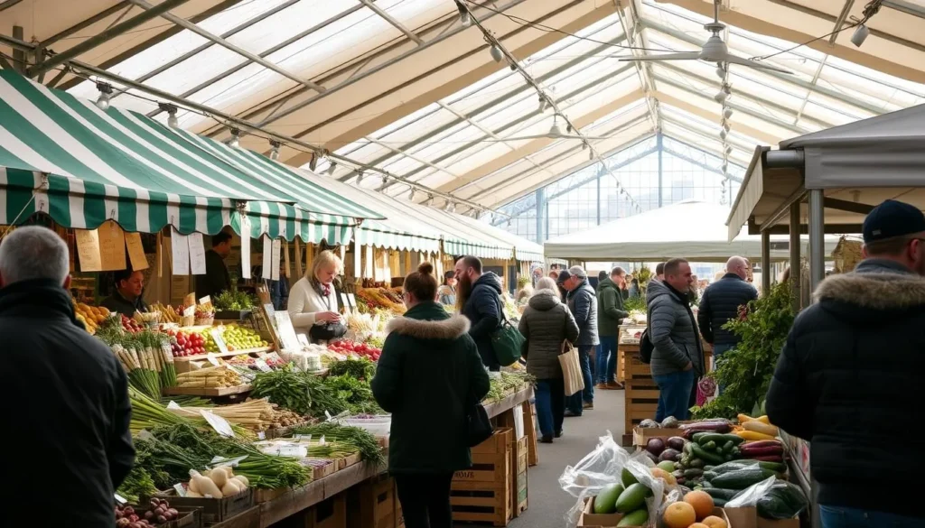 A bustling Trondheim Food Market with local producers selling their goods