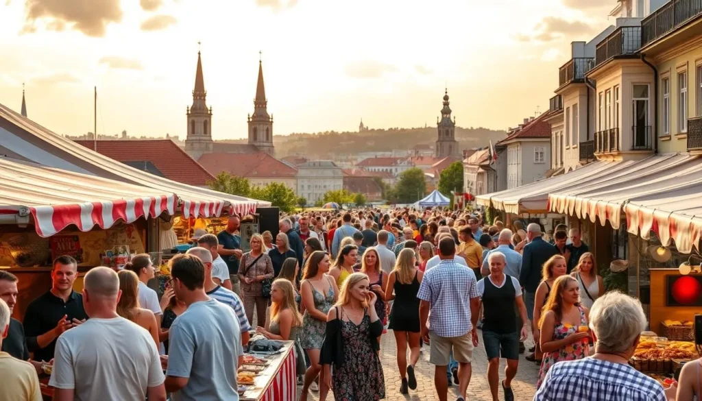 A bustling Vilnius festival scene unfolds under a warm summer sky. In the foreground, vibrant food stalls offer tempting local delicacies, their aromas mingling with the sounds of live music and laughter. The middle ground is alive with revelers, dressed in colorful attire, dancing and socializing against a backdrop of historic architecture. In the distance, majestic church spires and the Old Town's iconic skyline create a picturesque setting, bathed in soft, golden light. The atmosphere is one of joy, community, and a celebration of Vilnius' rich cultural heritage.
