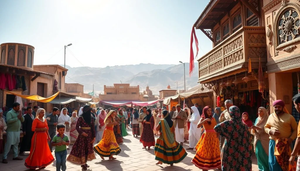 A bustling Yemeni village square bathed in warm sunlight, with vibrant fabrics, ornate architecture, and locals engaged in traditional festivities. In the foreground, a lively dance performance featuring colorfully dressed performers, their movements graceful and synchronized. In the middle ground, artisans showcase their handcrafted wares, from intricate metalwork to vibrant textiles. The background reveals the stunning mountainous landscape, hinting at the rich cultural heritage of this ancient land. The scene exudes a sense of joyous celebration, conveying the deep significance of these timeless traditions within Yemeni society.
