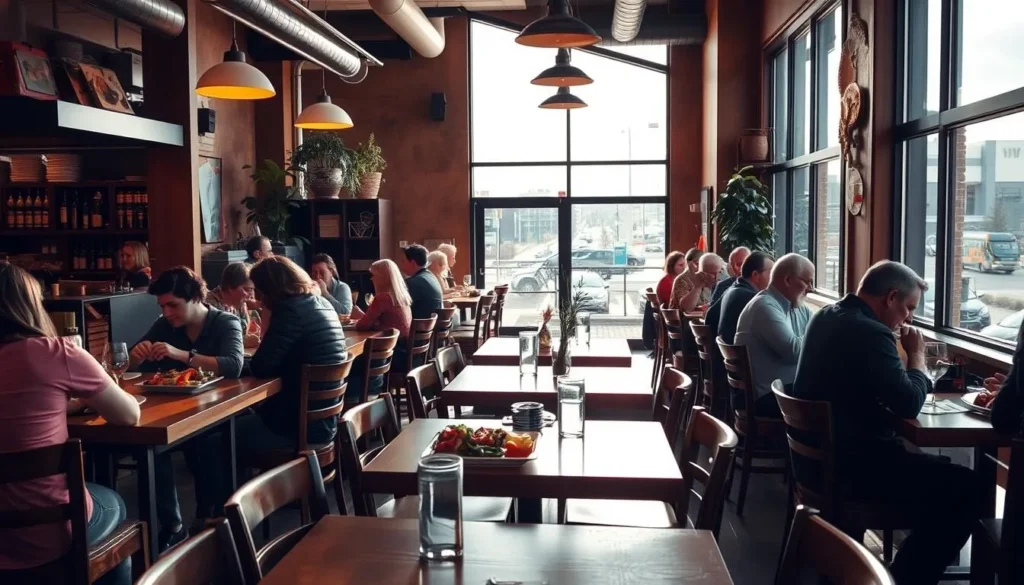 A bustling bistro nestled in the heart of Grande Prairie, Alberta, bathed in the warm glow of natural light filtering through large windows. Wooden tables and chairs set the stage for an intimate dining experience, complemented by the aroma of freshly prepared local cuisine. In the foreground, diners savor mouthwatering dishes, while the middle ground showcases the vibrant activity of the open kitchen. The background reveals the vibrant cityscape beyond, hinting at the rich cultural tapestry of this thriving community. The scene is captured with a crisp, clean photographic style, evoking a sense of comfort, authenticity, and the joy of discovering the best of Grande Prairie's local dining scene.