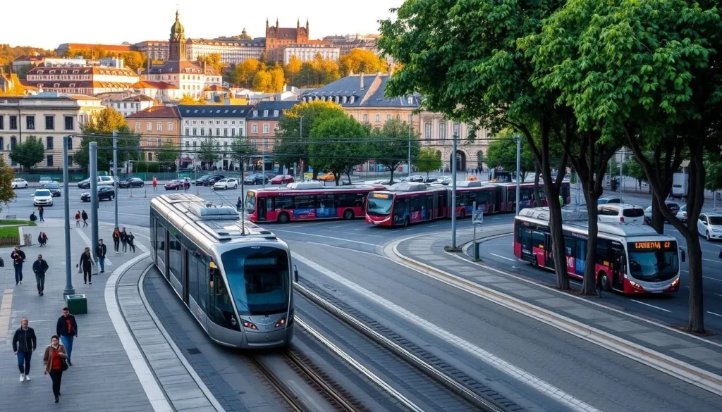 A bustling city center in Norrkoping, Sweden, showcasing the diverse modes of transportation. In the foreground, pedestrians stroll along a tree-lined promenade, passing by a sleek tram gliding effortlessly down the tracks. In the middle ground, a fleet of modern buses navigates the streets, their routes clearly displayed. In the background, a mix of historic buildings and modern architecture provides a picturesque backdrop, bathed in warm, golden sunlight. The scene conveys a sense of efficient, well-integrated public transportation, harmoniously coexisting with the vibrant urban landscape.