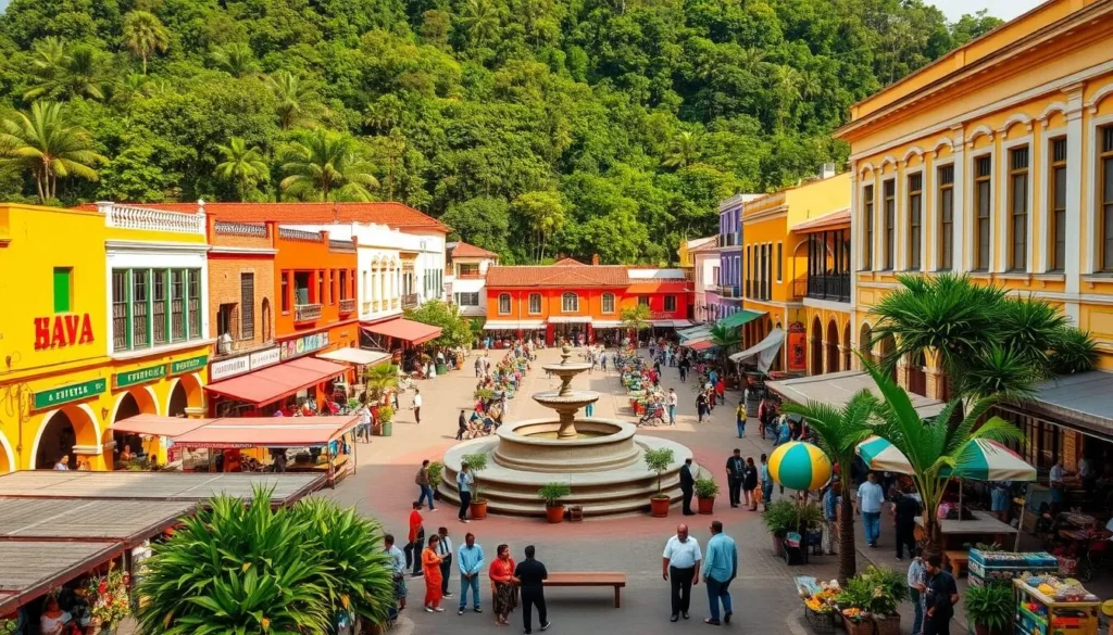 A bustling city center in Puerto Maldonado, Peru, on a bright, sunny day. The main square is filled with vibrant colors and local life - brightly painted buildings, lush tropical plants, and crowds of people bustling about. In the foreground, street vendors offer a variety of local produce and handicrafts. The middle ground features a classic plaza with a central fountain and benches where people sit and chat. In the background, the towering canopy of the Amazon rainforest provides a verdant backdrop, hinting at the natural wonders that surround the city. The scene is bathed in warm, golden light, capturing the lively, welcoming atmosphere of this Amazonian hub.