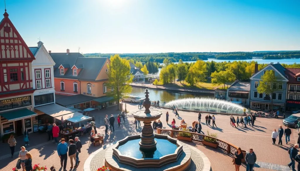 A bustling city center in Rovaniemi, Finland, on a bright, sunny day. In the foreground, a charming town square with a quaint, historic fountain surrounded by pedestrians strolling, chatting, and enjoying the warm weather. In the middle ground, cozy cafes, local shops, and traditional Scandinavian-style buildings with vibrant colors and intricate architectural details. The background showcases the majestic Kemi River, its banks lined with lush green trees, creating a serene and picturesque backdrop. Sunlight filters through, casting a warm, golden glow over the entire scene, enhancing the inviting atmosphere. Capture the essence of Rovaniemi's city center - a vibrant, lively hub where the local culture and natural beauty seamlessly intertwine. A bustling city center in Rovaniemi, Finland, on a bright, sunny day. In the foreground, a charming town square with a quaint, historic fountain surrounded by pedestrians strolling, chatting, and enjoying the warm weather. In the middle ground, cozy cafes, local shops, and traditional Scandinavian-style buildings with vibrant colors and intricate architectural details. The background showcases the majestic Kemi River, its banks lined with lush green trees, creating a serene and picturesque backdrop. Sunlight filters through, casting a warm, golden glow over the entire scene, enhancing the inviting atmosphere. Capture the essence of Rovaniemi's city center - a vibrant, lively hub where the local culture and natural beauty seamlessly intertwine.