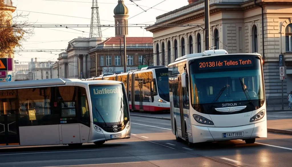 A bustling city center in Siauliai, Lithuania, with a diverse array of public transportation options. In the foreground, a modern, electric city bus navigates the well-paved streets, its sleek design reflecting the sunlight. In the middle ground, an iconic trolleybus glides smoothly along the overhead power lines, transporting commuters to their destinations. In the background, a train station stands tall, its classic architecture a testament to the city's rich history. The scene is bathed in a warm, golden light, conveying a sense of vibrancy and efficiency in the city's transportation network.