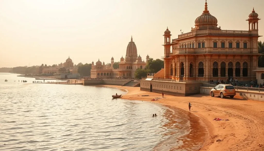 A bustling city in western India, Jamnagar boasts a diverse array of tourist attractions. In the foreground, the ornate Lakhota Palace, a magnificent 19th-century structure, stands majestically on the banks of the Rangmati Lake. The middle ground features the serene Nani Daman Beach, where locals and visitors alike bask in the warm sunlight and enjoy the gentle breeze. In the background, the iconic Bala Hanuman Temple, with its intricate carvings and vibrant colors, dominates the skyline. The scene is bathed in a warm, golden light, creating a picturesque and inviting atmosphere that captures the essence of Jamnagar's rich cultural heritage and natural beauty.