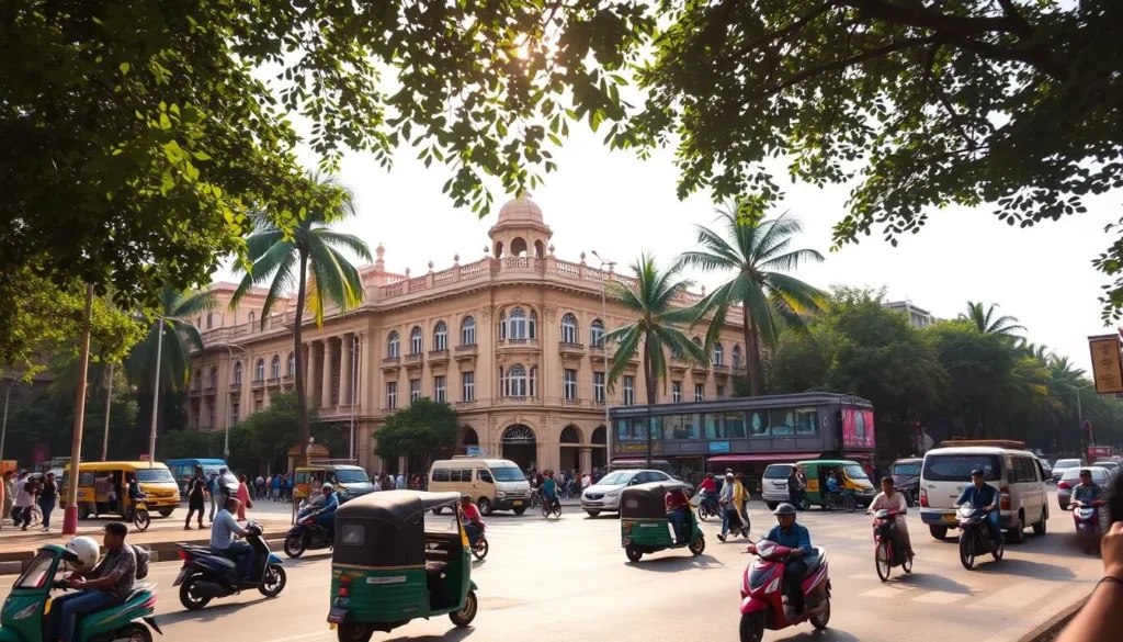 A bustling city intersection in Cuttack, Odisha, showcasing the vibrant connectivity of the region. The foreground features a busy road with a diverse array of vehicles - auto-rickshaws, scooters, bicycles, and pedestrians navigating the flow of traffic. In the middle ground, ornate colonial-era buildings line the streets, blending traditional and modern architecture. The background is framed by lush, verdant palm trees, casting dappled shadows and lending a warm, tropical atmosphere. The scene is illuminated by the golden rays of the sun, creating a sense of energy and liveliness. Capture the essence of Cuttack's well-connected urban landscape, a hub of activity and transportation.