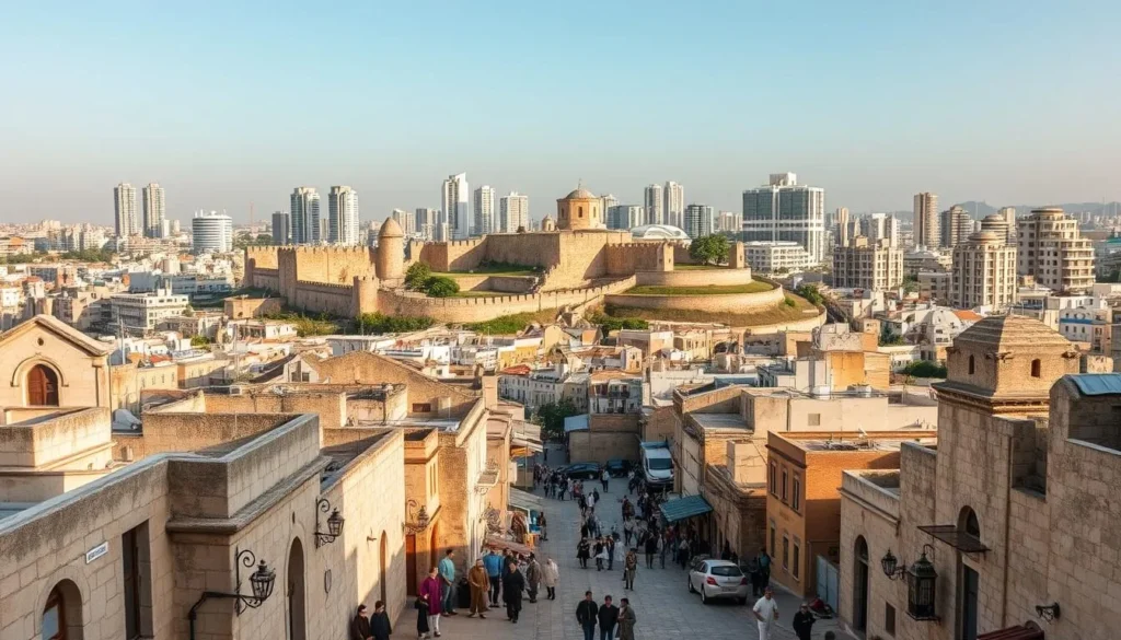 A bustling city skyline of Akko, Israel, stretching across the ages. In the foreground, ancient stone buildings and cobblestone streets, people in traditional garb going about their daily lives. In the middle ground, towering Crusader-era fortifications and the iconic Citadel, their weathered facades illuminated by warm sunlight. In the background, modern high-rises and hotels blend seamlessly with the historic architecture, reflecting the city's enduring heritage. The scene is bathed in a golden glow, capturing the timeless allure of this vibrant Mediterranean coastal town. Crisp details, a cinematic wide-angle lens, and a sense of timeless grandeur.