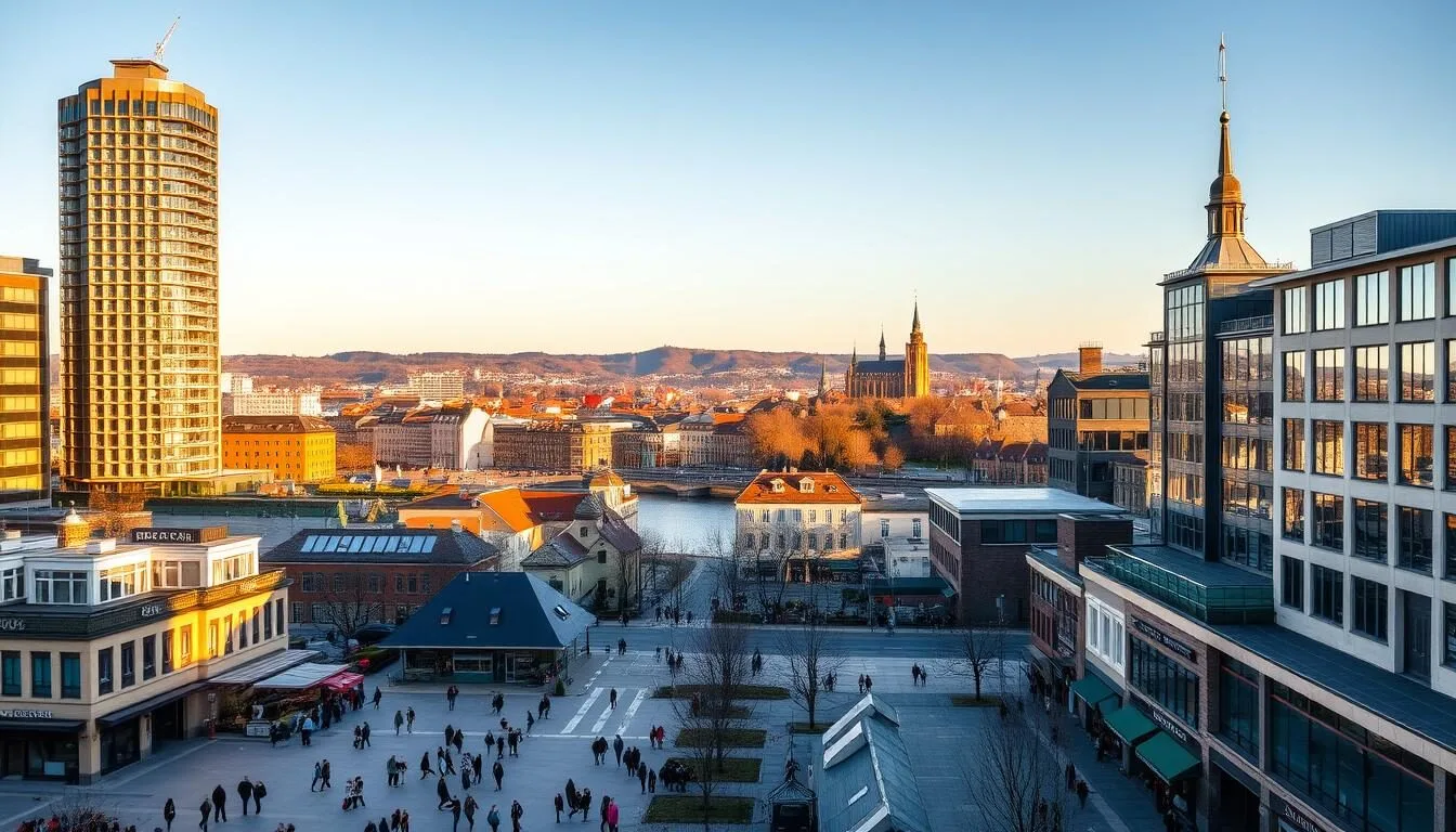 A bustling city skyline of Halmstad, Sweden, on a sunny, crisp day. Towering modern buildings and historic structures stand in harmonious contrast, their facades bathed in warm, golden light. In the foreground, a picturesque town square bustles with local residents and visitors, strolling past charming cafes and boutiques. The middle ground reveals the majestic Nissan River, its waters glistening as it winds through the city. In the distance, the iconic Halmstad Castle and the rolling hills beyond create a breathtaking backdrop, completing the idyllic scene. Capture the essence of Halmstad's vibrant culture, natural beauty, and architectural diversity in a single, immersive image.