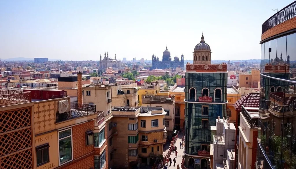 A bustling city skyline rises against a clear azure sky, punctuated by the gleaming spires of grand domed structures. In the foreground, intricate latticework patterns adorn the façades of towering glass buildings, their surfaces reflecting the warm sunlight. Narrow streets wind through the urban landscape, bustling with the activity of local artisans, their workshops filled with the delicate hues and intricate designs of handcrafted glassware. The city exudes an atmosphere of timeless craftsmanship and cultural heritage, inviting the viewer to discover the rich traditions that have earned Firozabad its title as the "Glass City of India".