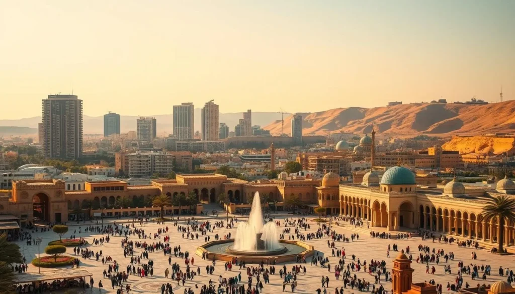 A bustling city skyline rises against the backdrop of the arid Negev desert, its modern high-rises and ancient fortifications bathed in warm, golden sunlight. In the foreground, a sprawling plaza bustles with activity, people strolling past towering fountains and ornate architecture that blends Bedouin and Mediterranean influences. The scene captures the vibrant heart of Be'er Sheva, the capital of the Negev region, where old and new coexist in harmonious contrast. Capture the dynamism and cultural richness of this desert metropolis, framed by a cloudless sky and the rugged, rolling hills that surround it. A bustling city skyline rises against the backdrop of the arid Negev desert, its modern high-rises and ancient fortifications bathed in warm, golden sunlight. In the foreground, a sprawling plaza bustles with activity, people strolling past towering fountains and ornate architecture that blends Bedouin and Mediterranean influences. The scene captures the vibrant heart of Be'er Sheva, the capital of the Negev region, where old and new coexist in harmonious contrast. Capture the dynamism and cultural richness of this desert metropolis, framed by a cloudless sky and the rugged, rolling hills that surround it.