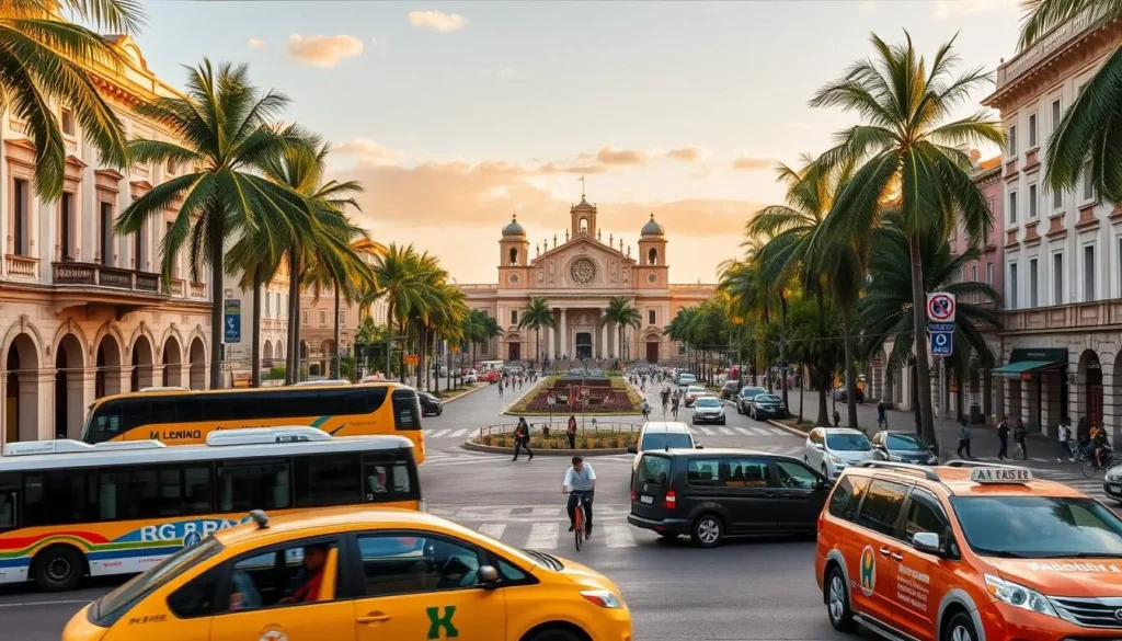 A bustling city square in Barquisimeto, Venezuela, surrounded by colonial architecture and lush palm trees. In the foreground, a variety of transportation options are showcased - from traditional buses and taxis to modern rideshare vehicles. The midground features a busy intersection, with pedestrians and cyclists navigating the streets. In the background, the iconic Catedral Metropolitana de Barquisimeto dominates the skyline, bathed in warm, golden sunlight. The scene conveys the vibrant energy and diverse mobility choices available for travelers seeking to explore this vibrant Venezuelan city.