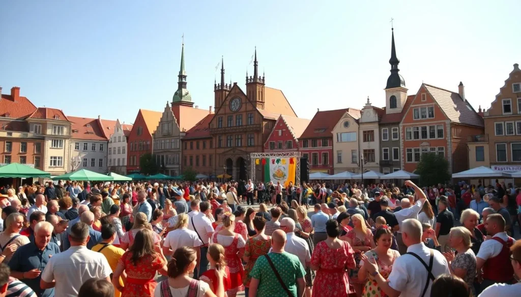 A bustling city square in Kaunas, Lithuania, on a sunny summer day. In the foreground, a lively crowd gathers, dressed in vibrant traditional costumes, dancing and celebrating. In the middle ground, a stage is set up, musicians playing lively folk music. In the background, the historic architecture of Kaunas' Old Town provides a picturesque backdrop, with its brick buildings and spires. Warm, golden light bathes the scene, creating a festive and joyful atmosphere. The lens captures the energy and spirit of Kaunas' renowned festivals, inviting the viewer to immerse themselves in the rich cultural traditions of this vibrant Lithuanian city.