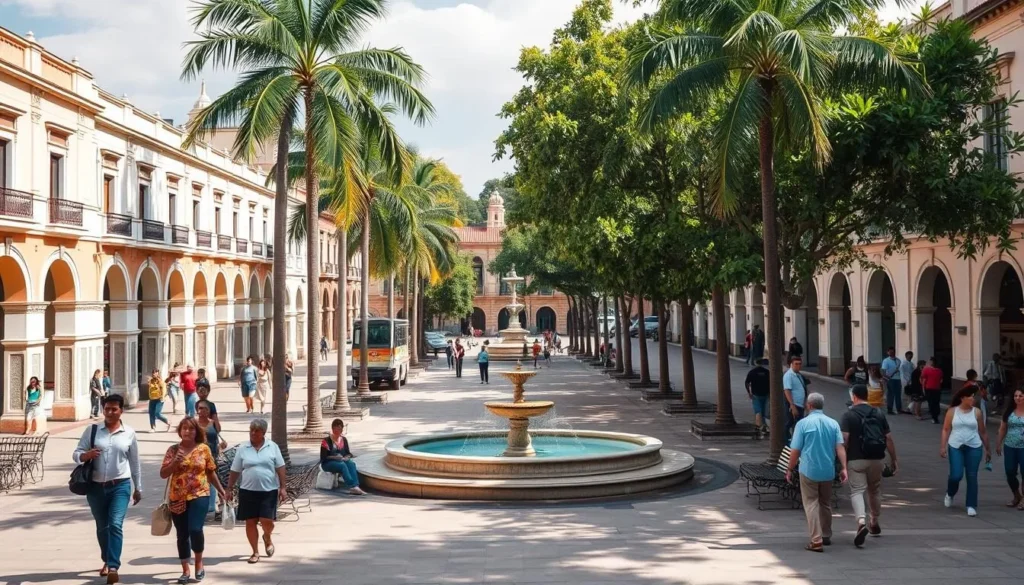 A bustling city square in Maturin, Venezuela, on a sunny afternoon. Pedestrians stroll along the sidewalks, passing by well-maintained buildings with colonial-style architecture. Lush palm trees line the perimeter, casting gentle shadows on the ground. In the center, a ornate fountain glistens, surrounded by benches where locals and visitors alike rest and converse. The atmosphere is vibrant yet serene, with a strong sense of community and safety. Warm, diffused lighting bathes the scene, creating a welcoming and pleasant ambiance. The camera captures this idyllic urban setting from a slightly elevated angle, showcasing the harmonious blend of historic charm and modern civic pride.