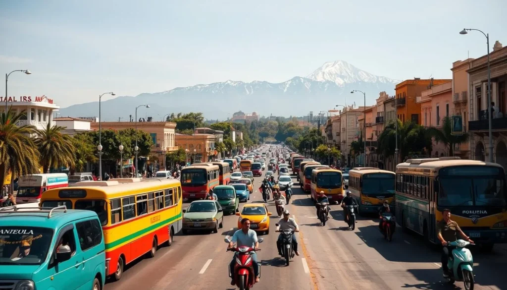 A bustling city square in Merida, Venezuela, on a sunny day. In the foreground, a vibrant mix of local transportation options: colorful buses, classic cars, and motorbikes navigating the lively streets. In the middle ground, pedestrians and cyclists weave through the traffic, creating a dynamic, energetic scene. The background features the iconic Andean mountains, their snow-capped peaks providing a majestic backdrop. Warm, golden lighting bathes the entire scene, lending a sense of warmth and vitality. The lens captures the scene from a slightly elevated angle, providing a comprehensive view of the diverse transportation choices available in this vibrant South American city.