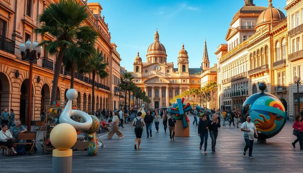 A bustling city square in Montevideo, Uruguay, bathed in warm, golden sunlight. In the foreground, a vibrant display of contemporary art installations - abstract sculptures, kinetic structures, and large-scale murals adorning the facades of historic buildings. The middle ground features pedestrians and locals strolling through the lively open space, pausing to admire the artistic creations. In the background, the iconic domes and spires of Montevideo's architectural landmarks rise against a clear, azure sky. The scene exudes a sense of cultural vitality and artistic expression, inviting the viewer to immerse themselves in the thriving creative spirit of this Uruguayan city.