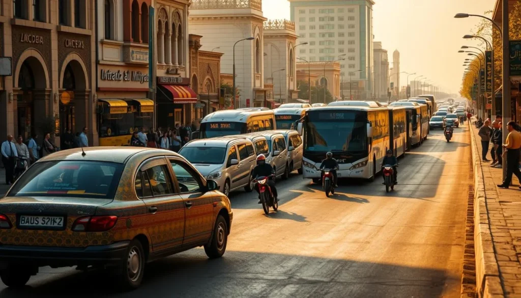 A bustling city street in Ahvaz, Iran, with a diverse array of transportation modes. In the foreground, a traditional Iranian taxi weaves through traffic, its vibrant colors and intricate patterns catching the eye. In the middle ground, a fleet of sleek, modern buses ferries commuters, their shiny exteriors gleaming in the warm, golden sunlight. In the background, a row of shops and restaurants line the sidewalk, their facades adorned with Persian architectural details. Pedestrians stroll along the bustling sidewalks, while the occasional motorcycle or bicycle zips by, adding to the lively urban atmosphere. The scene is bathed in a soft, ambient light, creating a sense of warmth and energy that captures the essence of transportation in Ahvaz.