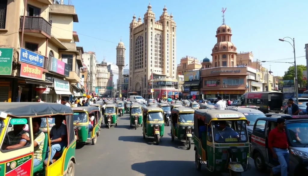 A bustling city street in Akola, Maharashtra, India, bathed in warm afternoon sunlight. In the foreground, rickshaws and taxis weave through the traffic, their colorful designs and vibrant hues adding to the lively atmosphere. Pedestrians stroll along the sidewalks, taking in the sights and sounds of the city. In the middle ground, towering buildings and shops line the streets, their intricate architectural details catching the eye. In the background, the clear blue sky stretches out, creating a sense of openness and tranquility amidst the urban activity. The scene conveys the energy and liveliness of Akola, inviting the viewer to imagine themselves navigating the bustling streets and experiencing the city's vibrant culture.