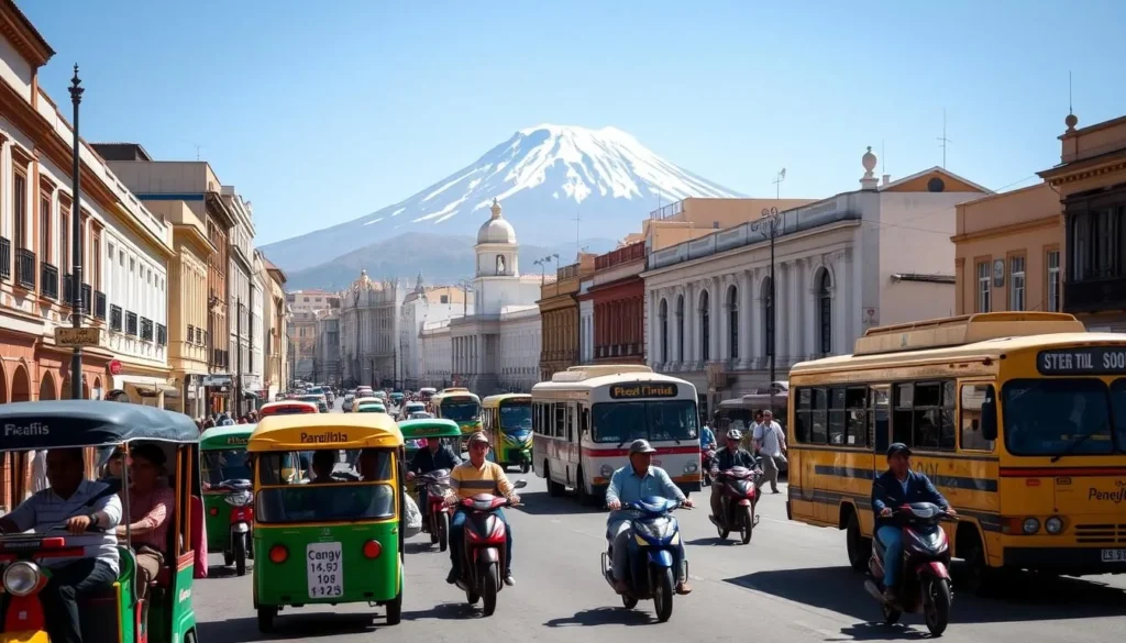 A bustling city street in Arequipa, Peru, on a bright, sunny day. In the foreground, a vibrant mix of local transportation modes: colourful tuk-tuks, nimble mototaxis, and traditional city buses navigating the roads. The middle ground features pedestrians and vendors lining the sidewalks, creating a lively urban atmosphere. In the background, the iconic white silhouettes of Arequipa's historic buildings and the towering Misti volcano rise majestically, framing the scene. The lighting is warm and natural, casting long shadows and highlighting the textures of the architecture. Capture the energy and unique character of getting around this Peruvian city.