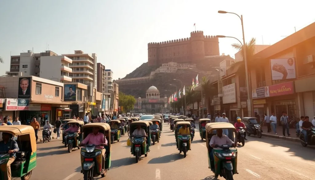A bustling city street in Belgaum, Karnataka, India, on a sunny day. In the foreground, a mix of rickshaws, motorcycles, and pedestrians navigate the well-paved roads. In the middle ground, modern high-rise buildings and shops line the streets, reflecting the city's growth and development. In the background, the iconic Belgaum Fort stands tall, its ancient walls and turrets contrasting with the contemporary architecture. The scene is bathed in warm, golden light, creating a vibrant and lively atmosphere. The overall image conveys the well-connected and thriving nature of Belgaum, a testament to its accessibility and infrastructure.