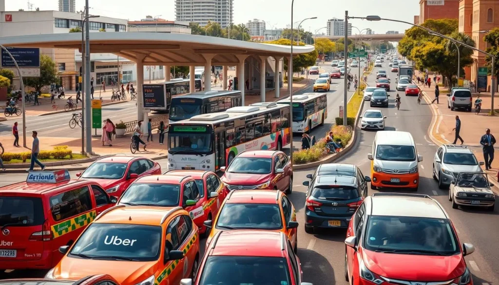 A bustling city street in Cuiaba, Brazil, with a variety of transportation options. In the foreground, a colorful fleet of taxis and Uber vehicles wait to ferry passengers to their destinations. In the middle ground, a modern bus station with sleek, eco-friendly buses disgorging commuters. In the background, a mix of pedestrians, cyclists, and private vehicles navigate the well-maintained roads, all bathed in the warm, golden light of a sunny day. The scene captures the vibrant, efficient, and diverse transportation network that serves the residents and visitors of Cuiaba.