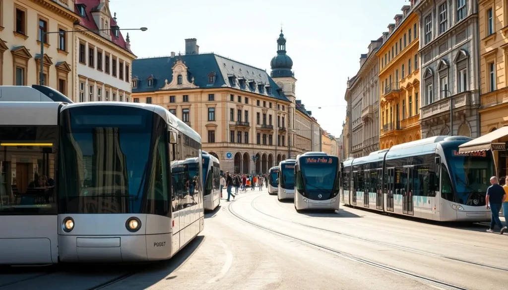 A bustling city street in Hradec Králové, Czech Republic, on a pleasant sunny day. In the foreground, modern trams and buses navigate the well-paved roads, ferrying passengers to their destinations. In the middle ground, pedestrians stroll along the sidewalks, passing by quaint shops and cafes with outdoor seating. The background features historic buildings with ornate facades, their architecture a blend of old and new. Warm, diffused lighting illuminates the scene, creating a welcoming and vibrant atmosphere. The image should convey the efficient and accessible public transportation system that serves the city, complementing the architectural beauty of Hradec Králové.