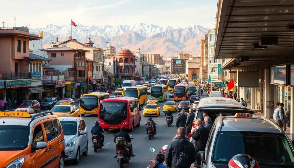 A bustling city street in Karaj, Iran, with a mix of traditional and modern architecture. Colorful taxis, buses, and motorcycles weave through the traffic, while pedestrians navigate the sidewalks. In the foreground, a group of people wait at a bus stop, under the warm glow of the afternoon sun. The middle ground features a mix of shops, cafes, and residential buildings, while the background showcases the majestic Alborz Mountains, their peaks capped with snow. The scene conveys a vibrant, lively atmosphere, capturing the essence of transportation and daily life in Karaj.