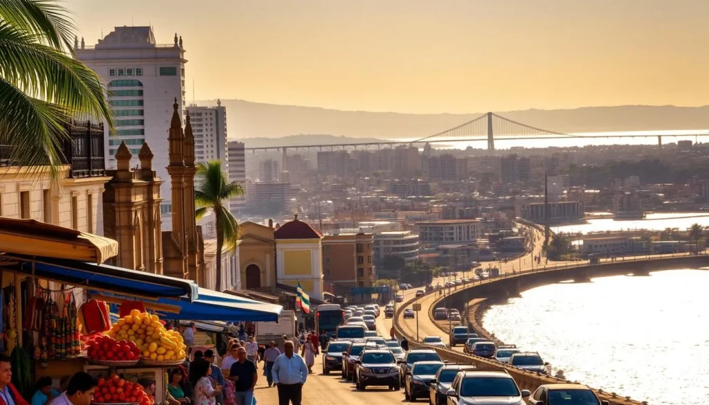 A bustling city street in Maracaibo, Venezuela, bathed in warm, golden sunlight. In the foreground, local vendors sell vibrant fruits and handcrafted souvenirs. The middle ground features a mix of colonial-style architecture and modern high-rises, capturing the city's blend of old and new. In the background, the shimmering waters of Lake Maracaibo stretch out, with the iconic Puente sobre el Lago bridge connecting the city to the mainland. The scene conveys the lively, welcoming atmosphere of this vibrant Venezuelan destination, inviting the viewer to explore its unique culture and natural beauty.