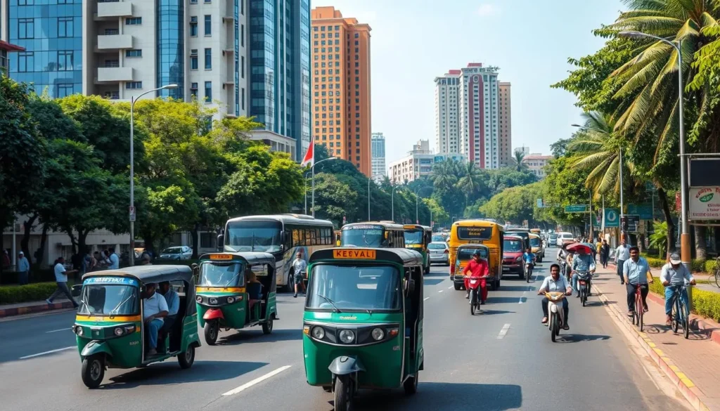 A bustling city street in Pimpri-Chinchwad, Maharashtra, on a pleasant sunny day. Capture the vibrant transportation ecosystem - autorickshaws, public buses, and private vehicles navigating the well-paved roads, with pedestrians and cyclists seamlessly coexisting. Depict the dynamic energy of the city, with towering modern buildings in the background and lush greenery lining the streets. Use a medium-wide angle lens to showcase the scene's depth and scale, with warm natural lighting highlighting the varied colors and textures. Convey a sense of efficient urban mobility and a thriving community through the harmonious flow of people and vehicles.