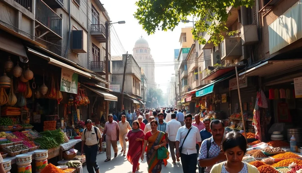 A bustling city street in South Dumdum, West Bengal, bathed in warm afternoon sunlight. Vibrant stalls line the sidewalks, offering an array of local produce, handicrafts, and spices. Pedestrians weave through the crowd, creating a lively, organic flow. In the background, a mix of colonial-era and modern architecture frames the scene, hinting at the city's rich history and evolution. The atmosphere is one of energy, community, and a sense of discovery, inviting the viewer to explore the hidden gems of this enchanting corner of West Bengal.