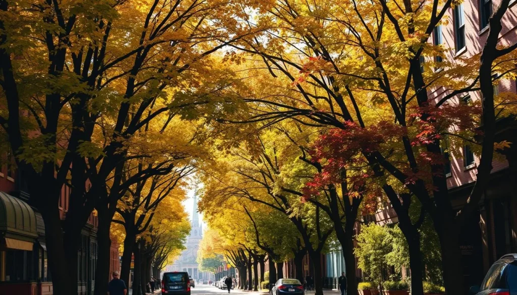 A bustling city street in early September, lined with towering maple and oak trees whose leaves have just begun to turn vibrant shades of gold, orange, and crimson. Sunlight filters through the canopy, casting a warm, autumnal glow on the historic brownstone buildings and cobblestone sidewalks. Pedestrians stroll leisurely, admiring the changing foliage and the crisp, invigorating air. In the distance, the spires of old churches and the iconic skyline of Boston peek through the trees, creating a picturesque scene that captures the essence of an early fall day in this celebrated New England city.