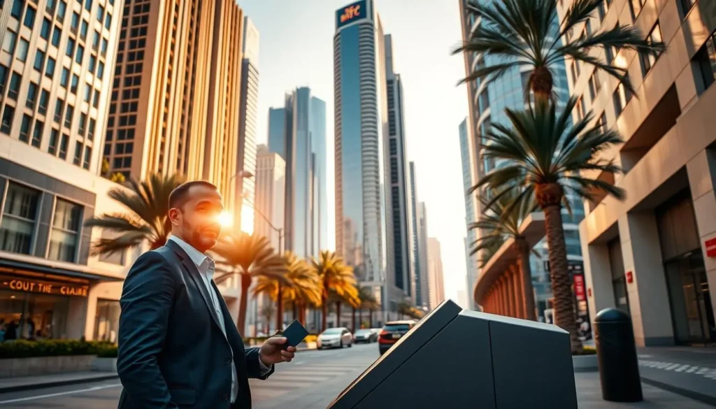 A bustling city street in the United Arab Emirates, with towering skyscrapers and palm trees lining the sidewalks. In the foreground, a well-dressed individual standing at a payment terminal, confidently inserting their credit card. The warm, golden sunlight casts a welcoming glow, reflecting off the sleek, modern architecture. The scene conveys a sense of ease and convenience, highlighting the widespread acceptance of credit cards in this thriving commercial hub. The image captures the essence of a seamless, technologically-advanced payment experience in the heart of the UAE.