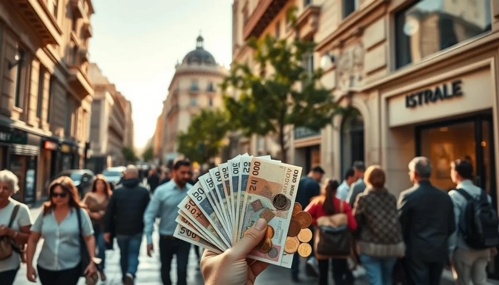 A bustling city street in the heart of Israel, sunlight glinting off the facades of grand stone buildings. In the foreground, pedestrians stroll past a row of upscale shops, their hands clutching a variety of colorful bills and coins - the diverse currencies of this vibrant financial hub. In the middle ground, a queue of people waits patiently outside a bank, ready to exchange their foreign money for the local Israeli shekel. The scene is alive with the energy of commerce, capturing the essence of Israel's dynamic financial landscape. The composition is crisp, with a realistic photographic quality enhanced by a shallow depth of field that draws the viewer's eye to the details of the currency exchanges taking place.