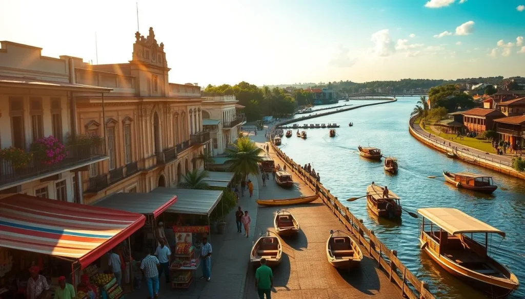 A bustling city tour in Paramaribo, Suriname, under a warm, golden afternoon sun. In the foreground, a colorful street market lined with vibrant stalls selling local produce and crafts. In the middle ground, historic colonial-era buildings with ornate facades and balconies adorned with blooming flowers. In the background, the tranquil Suriname River winds its way through the heart of the city, with traditional wooden boats and kayaks gliding along its serene waters. The atmosphere is lively and inviting, capturing the rich cultural heritage and natural beauty of this hidden gem in South America.