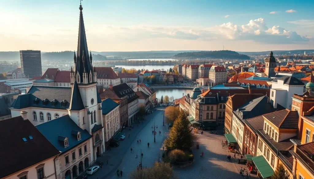 A bustling cityscape of Brno, Czechia's hidden gem, unfolds under a warm, golden glow. Towering spires of gothic cathedrals pierce the sky, contrasted by the sleek, modern architecture of office buildings. Cobblestone streets wind through the historic city center, lined with charming cafes and boutiques. In the middle distance, the Brno Reservoir glimmers, its waters reflecting the surrounding architecture. A lens with a moderate focal length captures the scene, providing a balanced, immersive perspective. The atmosphere is one of vibrant energy and timeless charm, inviting the viewer to explore the diverse beauty of this enchanting city.