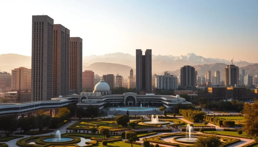 A bustling cityscape of Chandigarh, India's modernist planned metropolis, bathed in warm golden light. In the foreground, manicured gardens and fountains reflect the city's geometric architectural elegance. The middle ground features towering concrete skyscrapers, their sharp lines and angular facades contrasting with the lush greenery. In the background, the snow-capped Himalayan peaks rise majestically, lending a serene backdrop to the dynamic urban landscape. Capture the harmonious blend of nature and modernist design that defines this unique Indian city.
