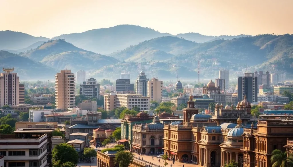A bustling cityscape of Guwahati, the vibrant gateway to India's Northeast. Majestic hills rise in the background, their slopes dotted with lush greenery. In the foreground, a tapestry of modern high-rises and historic buildings intertwine, their architectural styles a harmonious blend of the old and new. Warm sunlight bathes the scene, casting soft shadows and highlighting the intricate details of the structures. The streets teem with life, with pedestrians and vehicles moving about, creating a sense of energy and dynamism. The overall atmosphere conveys the city's role as a thriving commercial and cultural hub, welcoming visitors to explore its rich heritage and natural beauty.