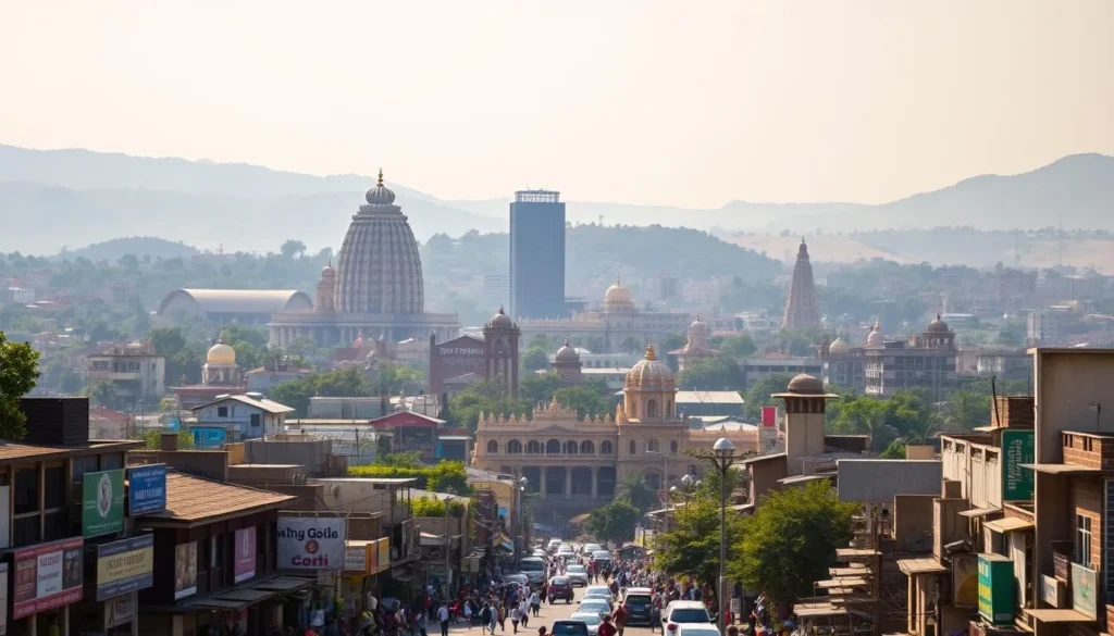 A bustling cityscape of Hubli-Dharwad, the twin cities of Karnataka, captured on a warm, sunny day. In the foreground, bustling streets lined with vibrant shops and local eateries. In the middle ground, towering skyscrapers and modern architectural marvels stand tall, contrasting with the historic temples and heritage buildings. The background is dominated by rolling hills and lush greenery, creating a picturesque panorama. The scene is bathed in warm, golden light, evoking a sense of energy and vitality. Capture the dynamic essence of these interconnected urban centers, where old and new seamlessly coexist.