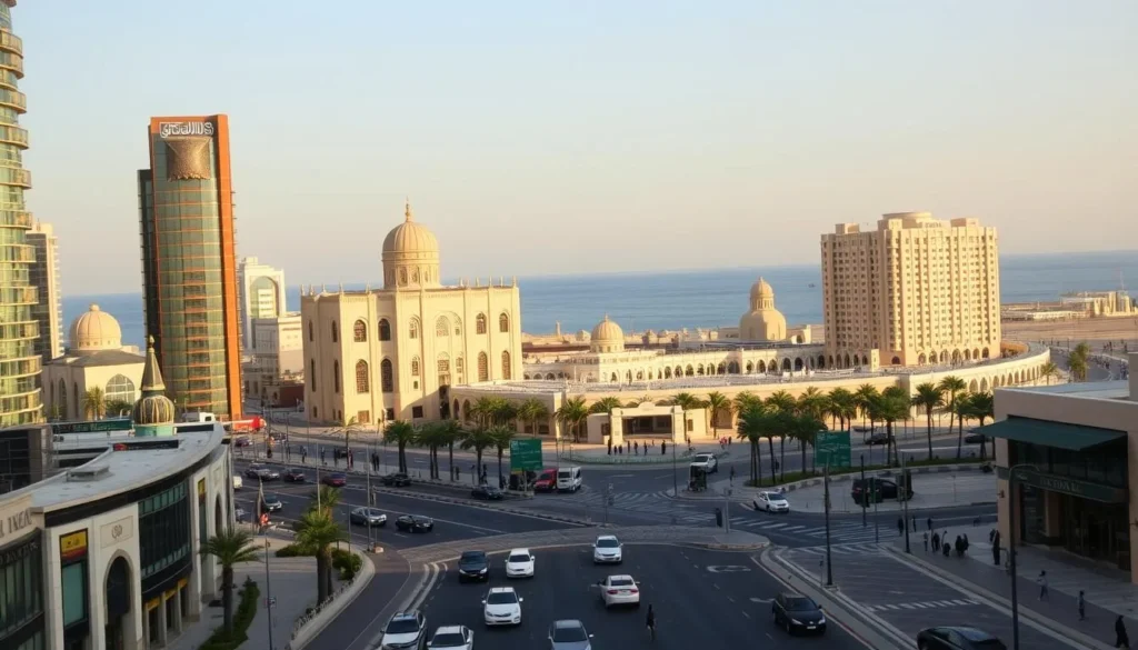 A bustling cityscape of Jeddah, Saudi Arabia on a pleasant day. In the foreground, modern high-rise buildings with intricate architectural details and vibrant facades gleam under the warm sun. Flowing traffic on wide streets and pedestrians strolling along the sidewalks create a lively urban scene. In the middle ground, traditional Arabic-style structures with ornate windows and domed roofs stand in contrast, blending the old and new. The background features the shimmering waters of the Red Sea, with the iconic Jeddah Corniche and its palm-lined promenade stretching along the coastline. The overall atmosphere is one of bustling energy and cultural richness, capturing the essence of this dynamic Middle Eastern city.