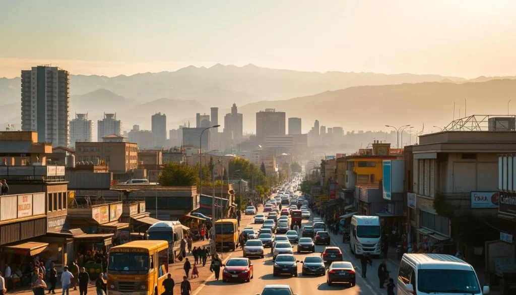 A bustling cityscape of Karaj, Iran, bathed in warm, golden sunlight. In the foreground, busy streets teeming with local life - pedestrians, vendors, and cars weaving through the urban landscape. The middle ground showcases the architectural diversity of the city, with a mix of modern high-rises and traditional Persian-style buildings. In the background, the majestic Alborz Mountains rise, their snow-capped peaks contrasting with the vibrant cityscape below. The scene conveys a sense of energy, culture, and the dynamic essence of Karaj as a thriving metropolitan hub.
