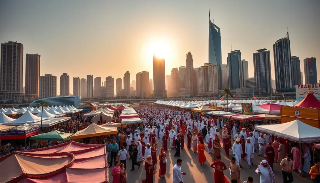 A bustling cityscape of Kuwait City's iconic skyline, with its towering skyscrapers and vibrant traditional architecture. In the foreground, a lively festival is in full swing, with colorful tents, stalls, and people dressed in traditional Kuwaiti attire. The middle ground features a parade of dancers, musicians, and performers, their movements captured in a dynamic, energetic composition. In the background, the sun casts a warm, golden glow over the scene, creating a serene and inviting atmosphere. The overall image conveys the rich cultural heritage and festive spirit of Kuwait City, highlighting the vibrancy and liveliness of its annual celebrations.