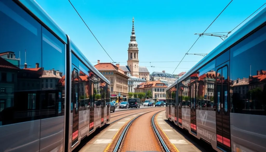 A bustling cityscape of Ostrava, Czechia, captured on a bright, sunny day. In the foreground, modern trams glide along the rails, their sleek, silver bodies reflecting the vibrant urban landscape. The middle ground showcases a network of streets lined with historic buildings, their facades adorned with intricate architectural details. In the background, the iconic silhouette of the Ostrava City Hall tower rises, its distinctive spire reaching towards the clear, azure sky. The scene exudes a dynamic, lively atmosphere, conveying the efficient and well-connected public transportation system that serves the city.