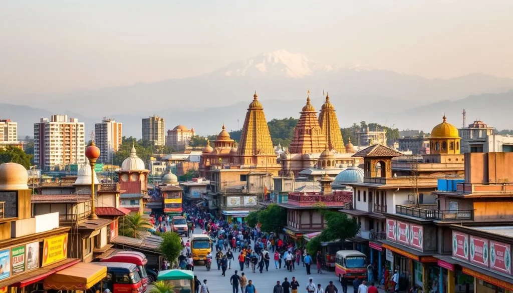 A bustling cityscape of Siliguri, West Bengal, capturing the vibrant energy and architectural diversity of this thriving gateway to Northeast India. In the foreground, bustling streets lined with vibrant shops, colorful local markets, and lively pedestrians. The middle ground features a mix of towering high-rises, ornate temples, and traditional Bengali-style buildings, all bathed in warm, golden sunlight. In the background, the majestic Himalayas loom, their snow-capped peaks providing a stunning natural backdrop. The overall scene conveys a sense of dynamic urban life seamlessly blending with the region's rich cultural heritage, inviting the viewer to discover the many wonders of Siliguri.