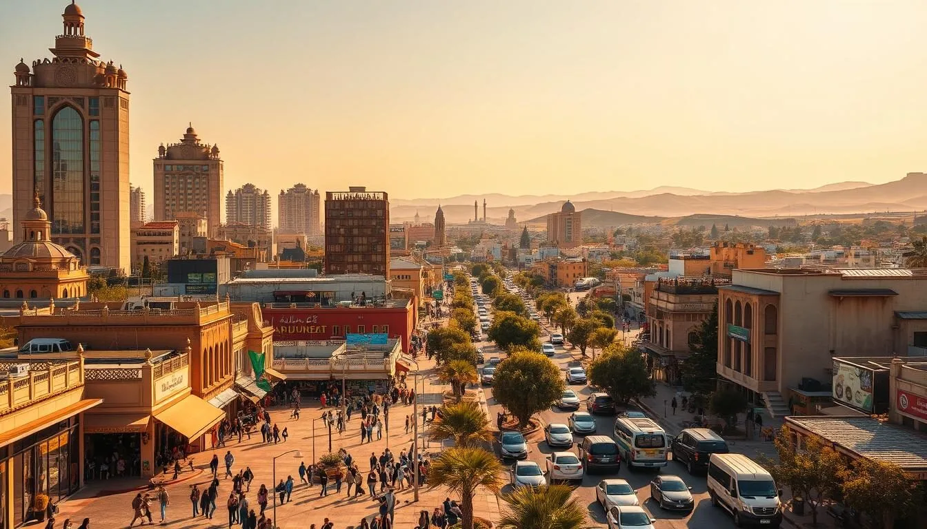 A bustling cityscape of Zarqa, Jordan, bathed in warm, golden sunlight. Towering skyscrapers and ornate architectural landmarks dot the landscape, their facades reflecting the cloudless sky. In the foreground, pedestrians stroll along bustling sidewalks, weaving between charming local shops and cafes. The middle ground features vibrant, tree-lined avenues, with cars and buses transporting a lively mix of residents and visitors. In the distance, rolling hills and mountains frame the cityscape, creating a picturesque backdrop. The scene exudes an atmosphere of energy, prosperity, and cultural richness, capturing the essence of Zarqa as a dynamic and captivating destination.