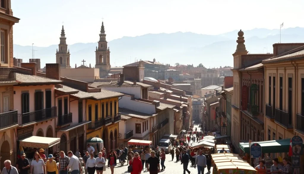 A bustling cityscape of colonial-era buildings nestled along narrow cobblestone streets, with the towering spires of historic churches rising above the rooftops. Warm sunlight filters through the atmosphere, casting a golden glow over the scene. In the foreground, people stroll casually, their vibrant clothing adding splashes of color to the timeless urban landscape. Vendors hawk their wares from colorful market stalls, while the sounds of lively conversation and the occasional ringing of a church bell create a captivating ambiance. The middle ground reveals the intricate architectural details of the historic structures, their ornate facades and balconies reflecting the city's storied past. In the distance, the backdrop is dominated by the majestic Andes mountains, their snow-capped peaks providing a dramatic contrast to the urban environment below.