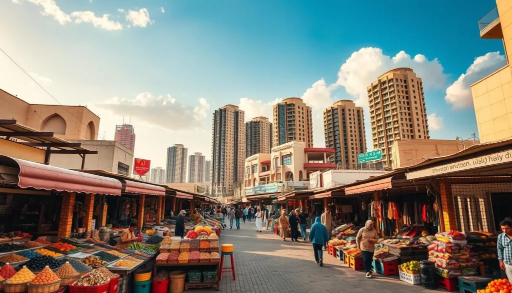 A bustling commercial district in Hawally, Kuwait, bathed in warm sunlight. In the foreground, a lively outdoor market with vibrant stalls selling fresh produce, spices, and local handicrafts. Middle ground features a mix of modern high-rises and traditional Kuwaiti architecture, reflecting the city's blend of old and new. In the background, a clear blue sky with fluffy clouds, setting a tranquil, inviting atmosphere. Capture the energy and diversity of this dynamic neighborhood through a wide-angle lens, showcasing the practical amenities and cultural offerings that make Hawally an appealing destination for visitors.