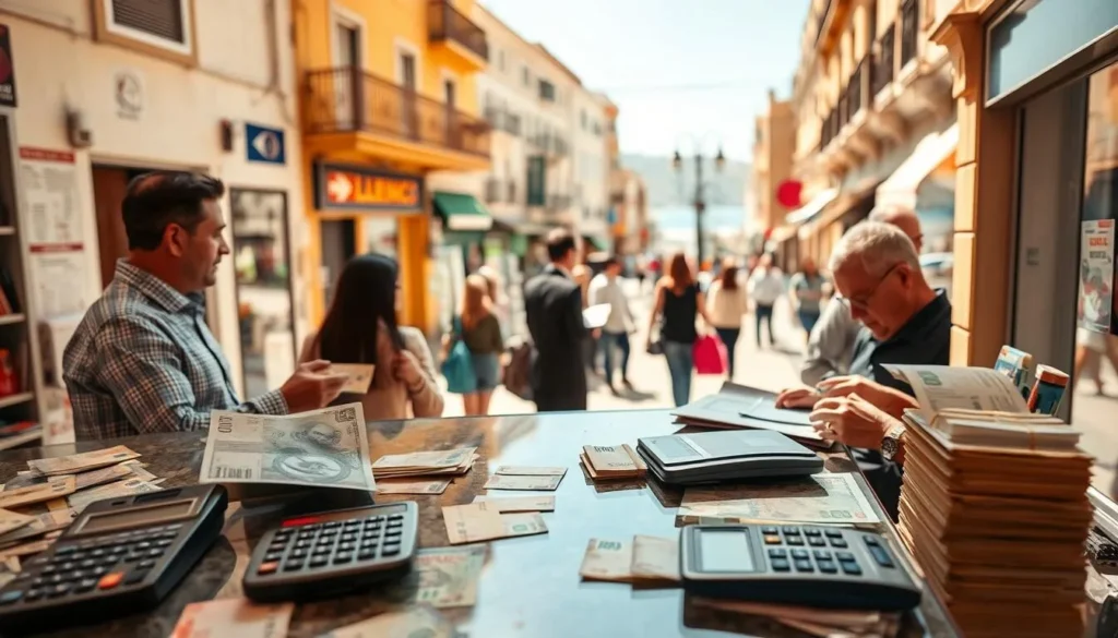 A bustling currency exchange office in a sunny Lebanese cityscape. The foreground showcases a detailed countertop with various foreign currencies, calculators, and transaction paperwork. In the middle ground, customers engage with attentive staff, exchanging bills and discussing exchange rates. The background depicts a vibrant street scene, with pedestrians, buildings, and a hint of the Mediterranean in the distance. The lighting is warm and natural, casting a welcoming ambiance. Capture the atmosphere of a well-managed, efficient financial transaction in the heart of Lebanon.