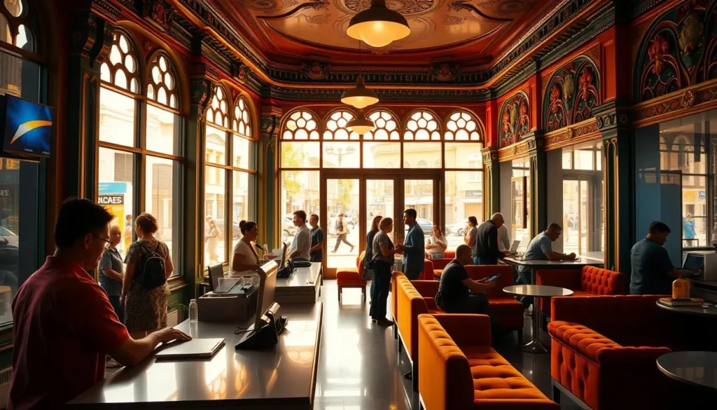 A bustling currency exchange office in the heart of Aracaju, Brazil. Vibrant colors and intricate architectural details create a dynamic, modern atmosphere. Through large windows, the warm, sun-dappled street scene outside adds depth and context. Efficient tellers process transactions at sleek counters, while customers wait patiently in plush seating areas. Soft, diffused lighting casts a gentle glow, evoking a sense of professionalism and reliability. The scene captures the practical essence of financial transactions within the lively, welcoming ambiance of this coastal Brazilian city.