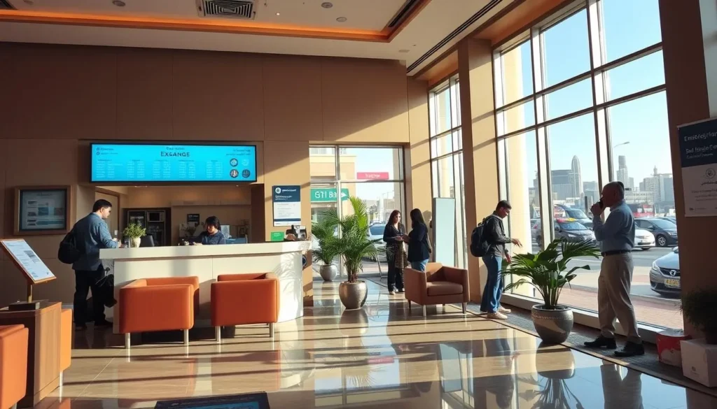 A bustling currency exchange office in the heart of the United Arab Emirates, bathed in warm natural light from large windows. The counter is manned by attentive staff, ready to assist travelers exchanging various international currencies. The lobby features plush seating areas and decorative potted plants, creating a welcoming atmosphere. The walls display discreet signage with exchange rates, while the floor is covered in polished marble tiles. Outside, the vibrant streets of Dubai or Abu Dhabi are visible through the glass, hinting at the diverse cultural and commercial landscape of the UAE.
