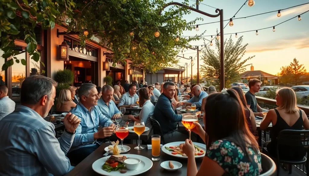 A bustling dining scene in the heart of Centennial, Colorado. An elegant outdoor patio, adorned with lush greenery and twinkling string lights, sets the stage for a memorable culinary experience. Patrons savor mouthwatering dishes, sipping on craft cocktails, surrounded by the warm glow of sunset. The scene is filled with a vibrant energy, captured through a wide-angle lens that showcases the inviting atmosphere and the dynamic interplay of people, food, and the vibrant local ambiance.