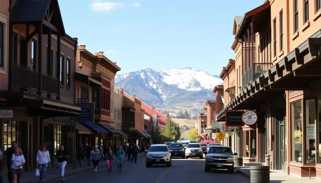 A bustling downtown scene in Buena Vista, Colorado on a bright, sunny day. Charming historic buildings line the streets, with snow-capped peaks of the Sawatch Range visible in the distance. Pedestrians stroll along the sidewalks, stopping to browse the local shops and cafes. The wide main street is bustling with activity, with cars and pickup trucks parked along the curbs. The architecture has a classic Western flair, with wooden facades and ornate details. Warm, directional lighting casts long shadows, creating a inviting, picturesque atmosphere. Capture the lively energy and natural beauty of downtown Buena Vista.